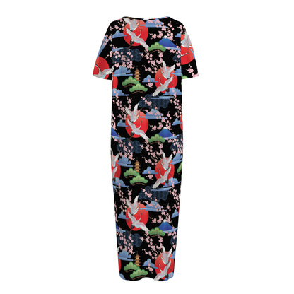 Japanese Traditional Pattern Print Short Sleeve Long Nightdress