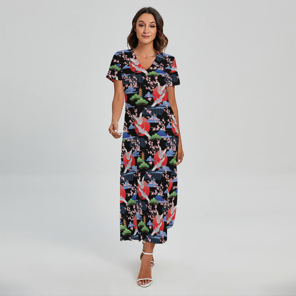 Japanese Traditional Pattern Print Short Sleeve Maxi Dress