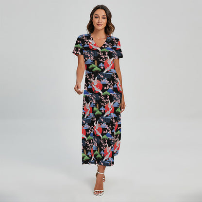 Japanese Traditional Pattern Print Short Sleeve Maxi Dress