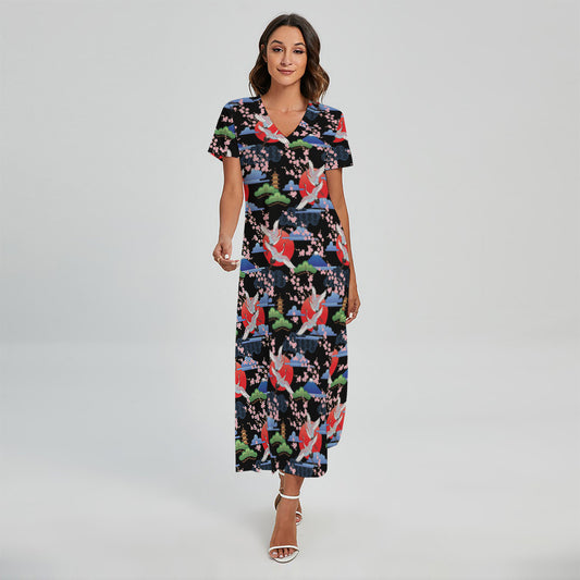 Japanese Traditional Pattern Print Short Sleeve Maxi Dress