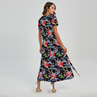 Japanese Traditional Pattern Print Short Sleeve Maxi Dress