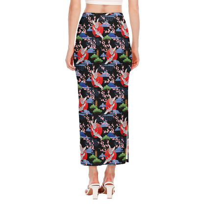 Japanese Traditional Pattern Print Side Slit Maxi Skirt