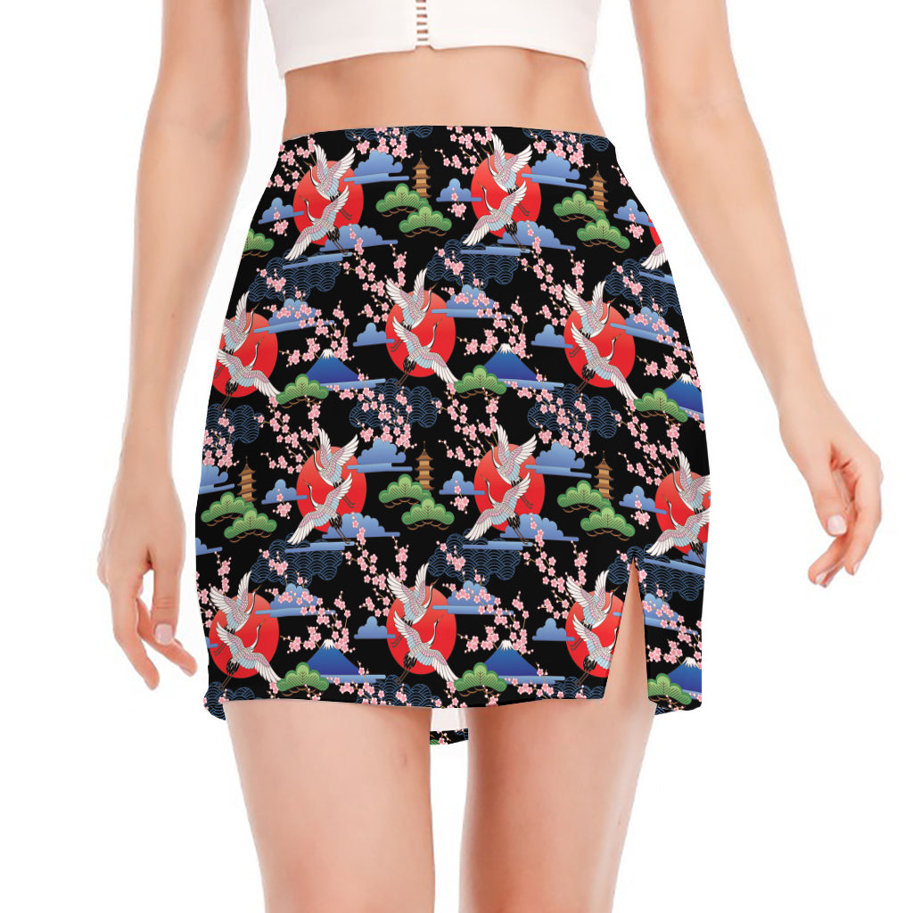 Japanese Traditional Pattern Print Side Slit Mini Skirt