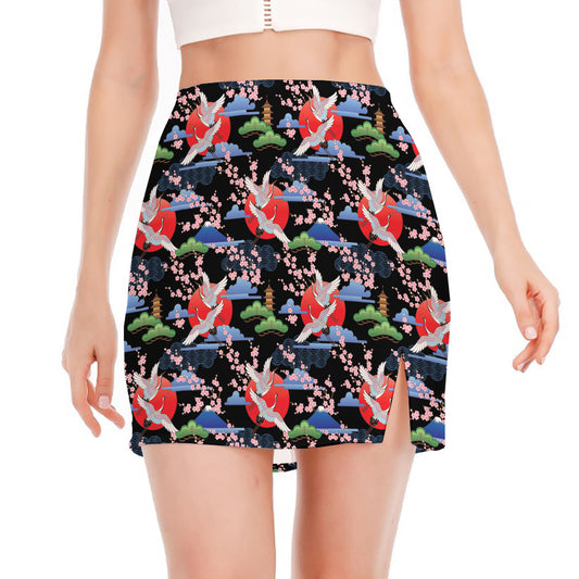 Japanese Traditional Pattern Print Side Slit Mini Skirt