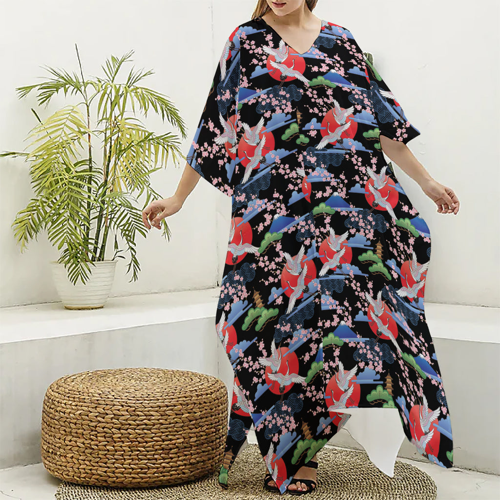 Japanese Traditional Pattern Print Silk V-Neck Kaftan Dress