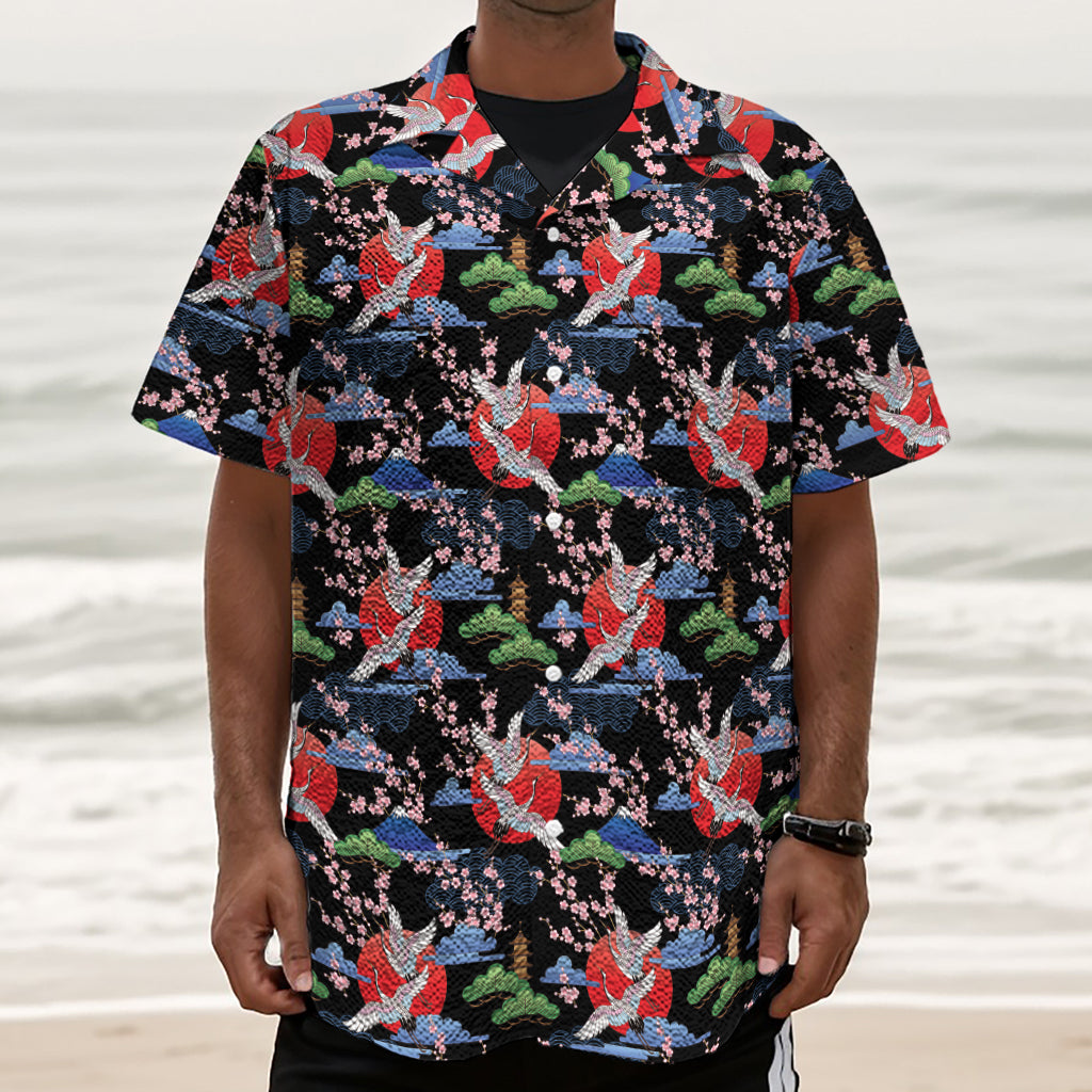 Japanese Traditional Pattern Print Textured Short Sleeve Shirt