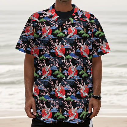 Japanese Traditional Pattern Print Textured Short Sleeve Shirt