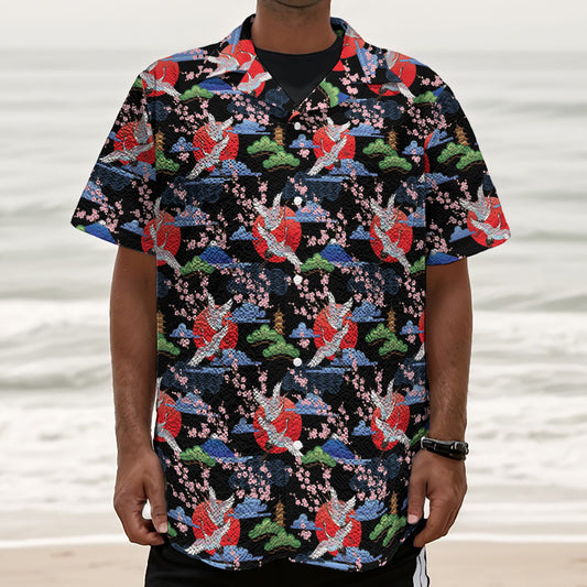 Japanese Traditional Pattern Print Textured Short Sleeve Shirt