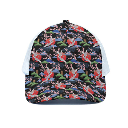 Japanese Traditional Pattern Print White Mesh Trucker Cap