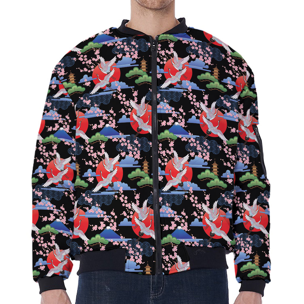 Japanese Traditional Pattern Print Zip Sleeve Bomber Jacket