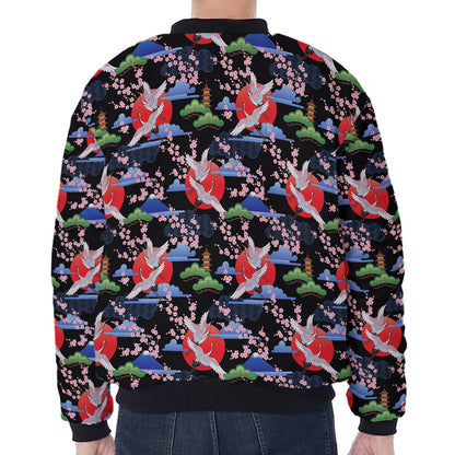Japanese Traditional Pattern Print Zip Sleeve Bomber Jacket