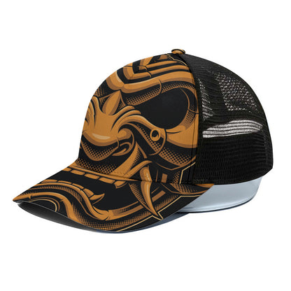 Japanese Warrior Mask Print Black Mesh Trucker Cap