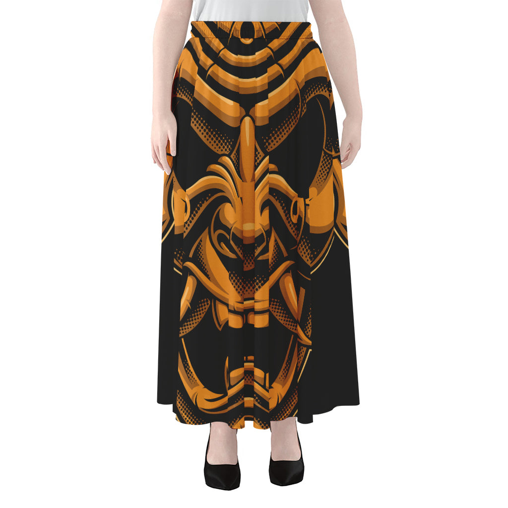 Japanese Warrior Mask Print Chiffon Maxi Skirt