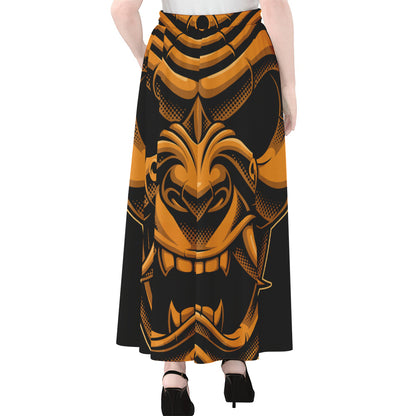 Japanese Warrior Mask Print Chiffon Maxi Skirt