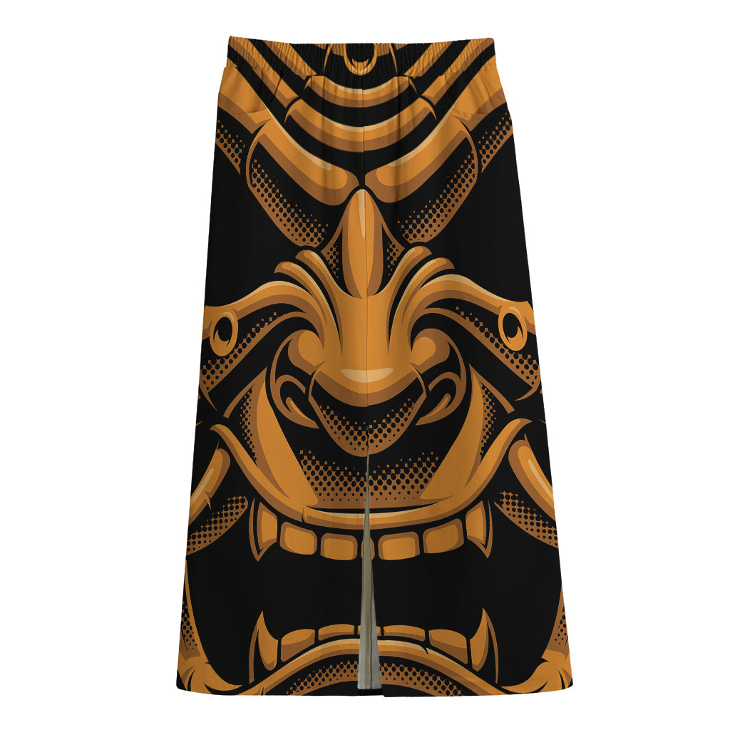 Japanese Warrior Mask Print Cotton Front Slit Maxi Skirt