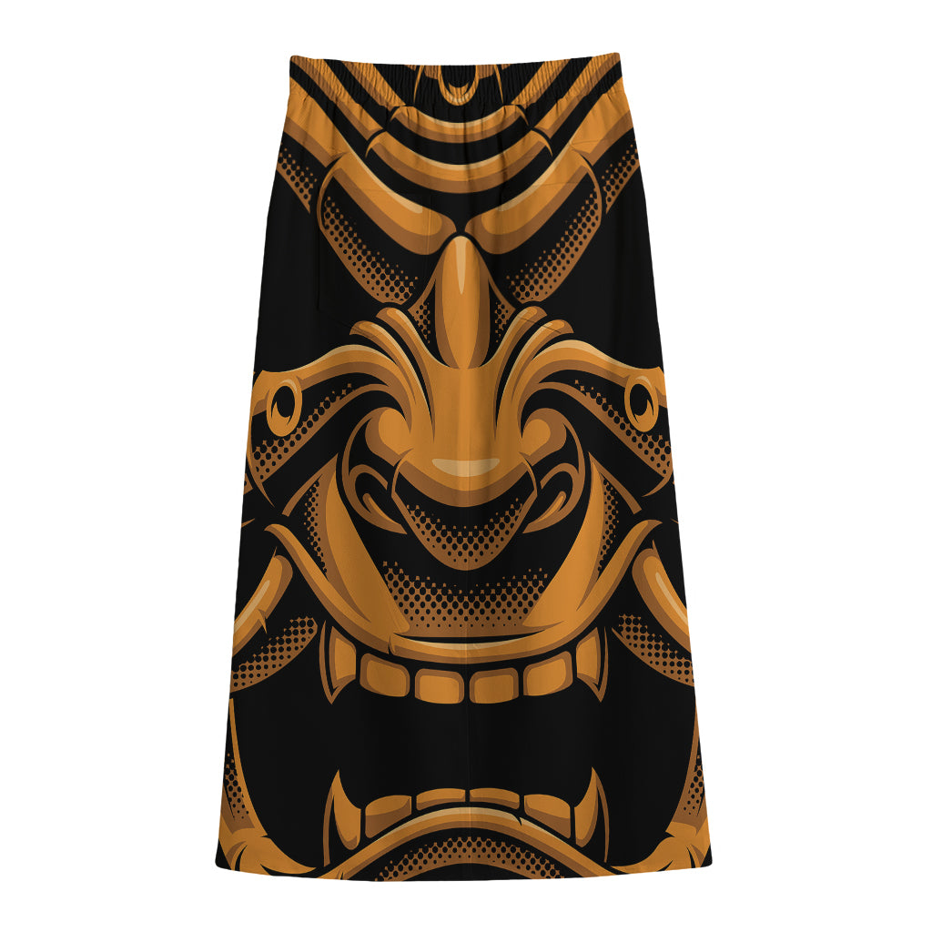 Japanese Warrior Mask Print Cotton Front Slit Maxi Skirt