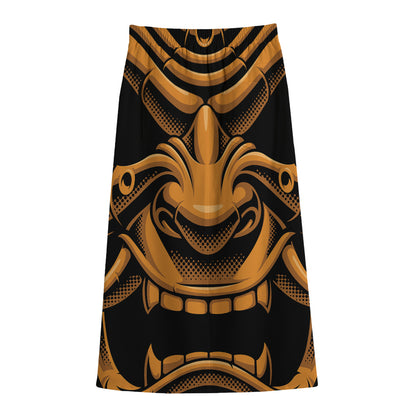 Japanese Warrior Mask Print Cotton Front Slit Maxi Skirt