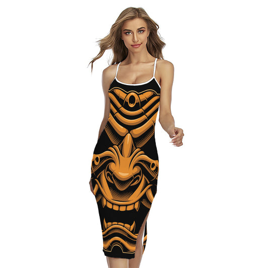 Japanese Warrior Mask Print Cross Back Cami Dress