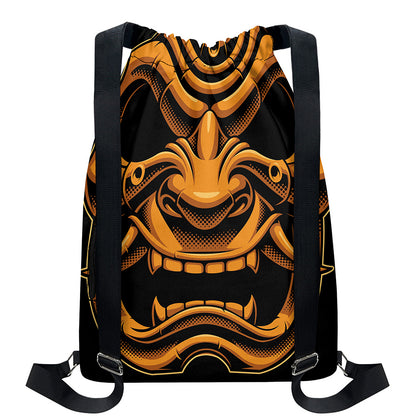 Japanese Warrior Mask Print Drawstring Backpack