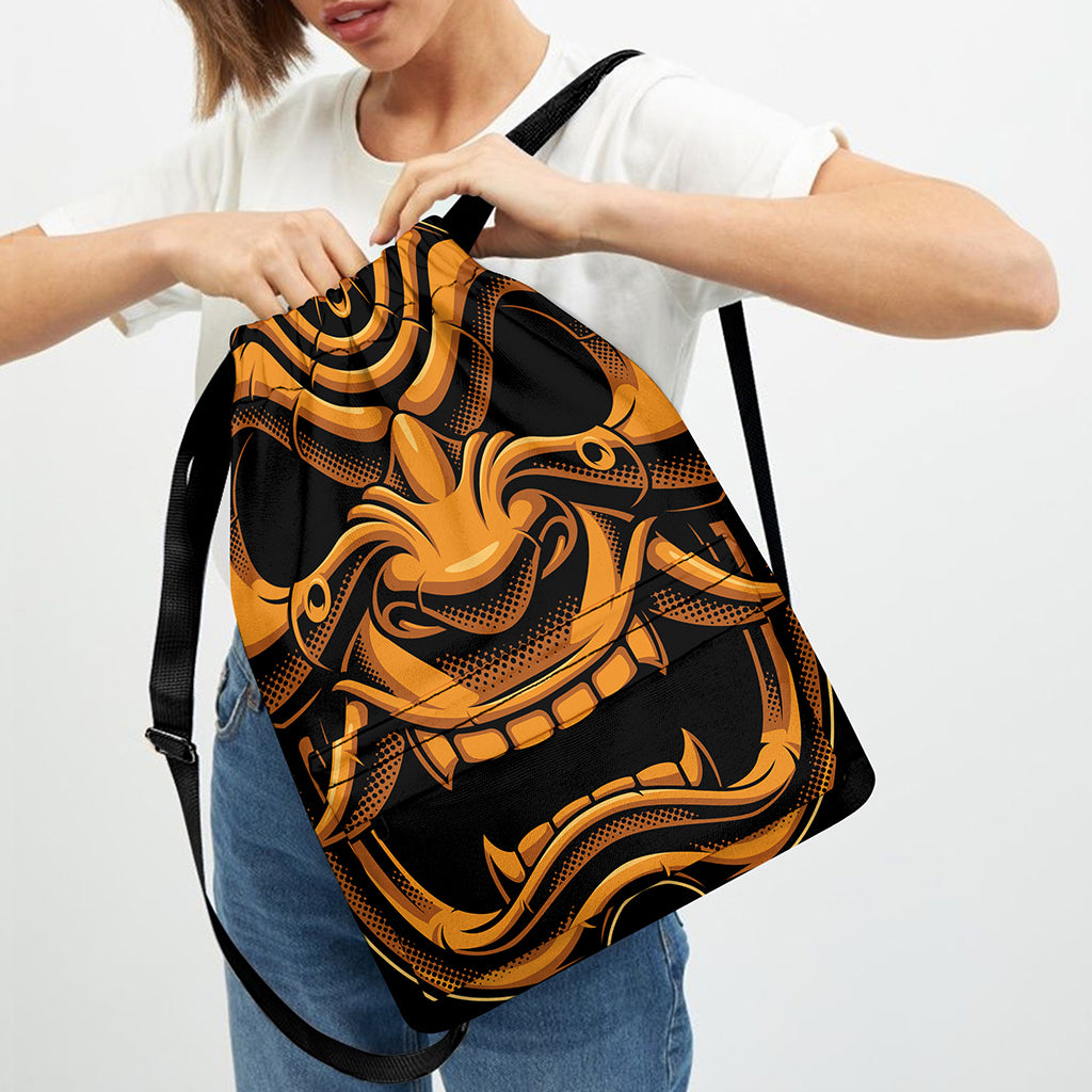 Japanese Warrior Mask Print Drawstring Backpack