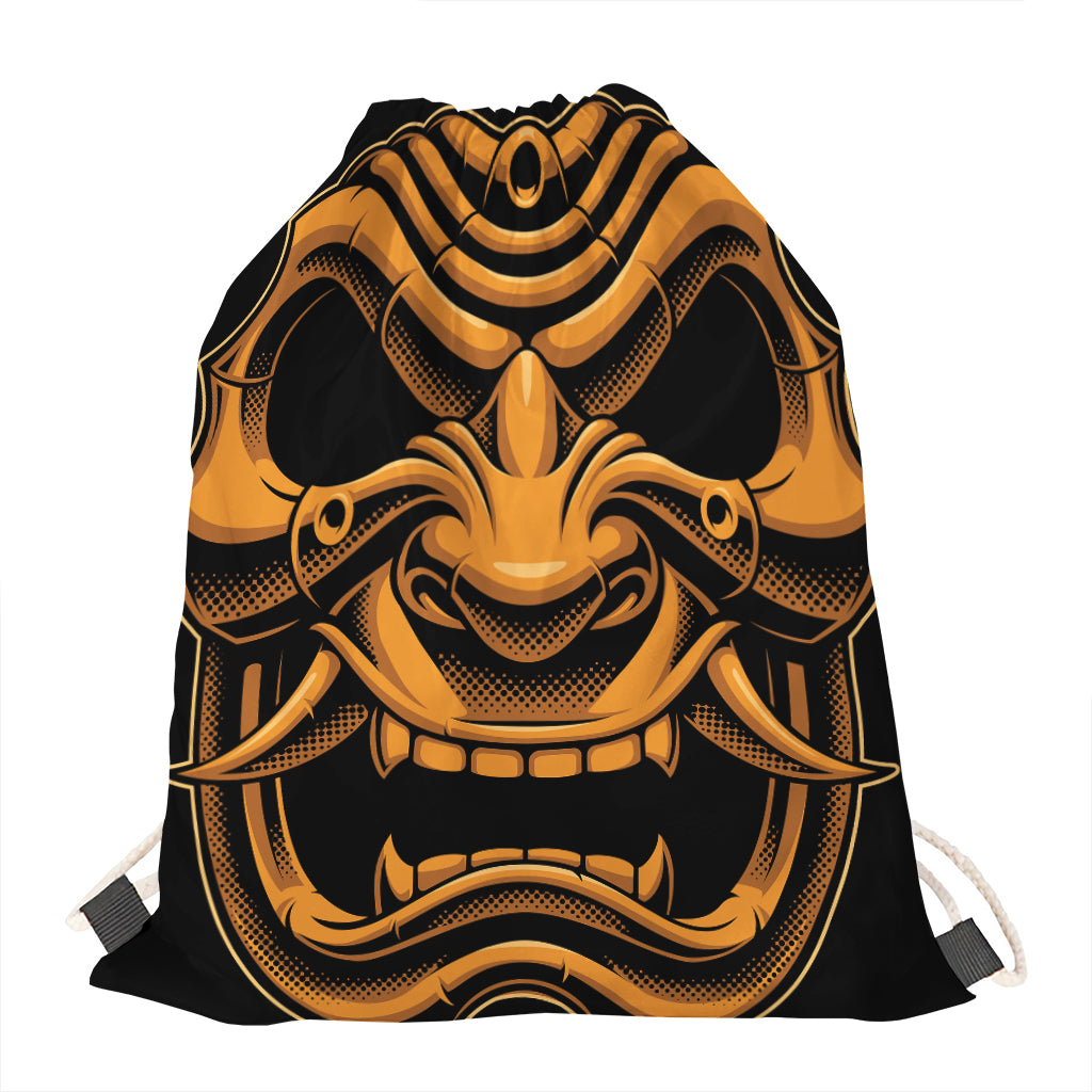 Japanese Warrior Mask Print Drawstring Bag