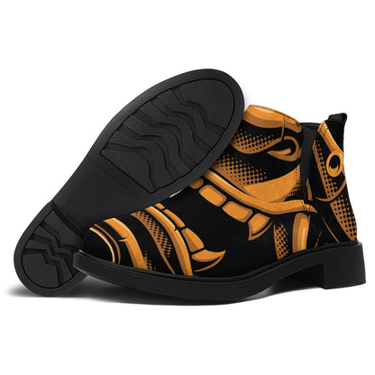 Japanese Warrior Mask Print Flat Ankle Boots