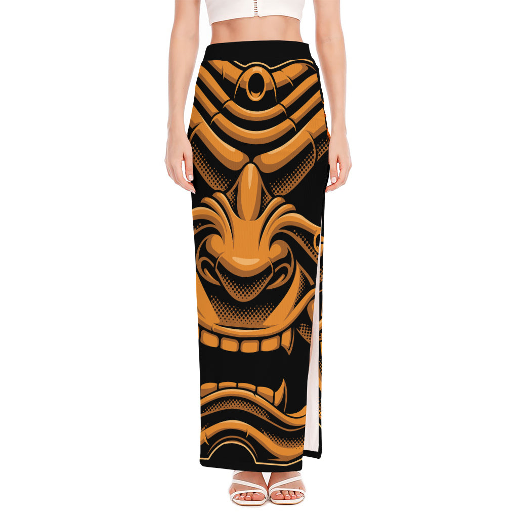 Japanese Warrior Mask Print High Slit Maxi Skirt
