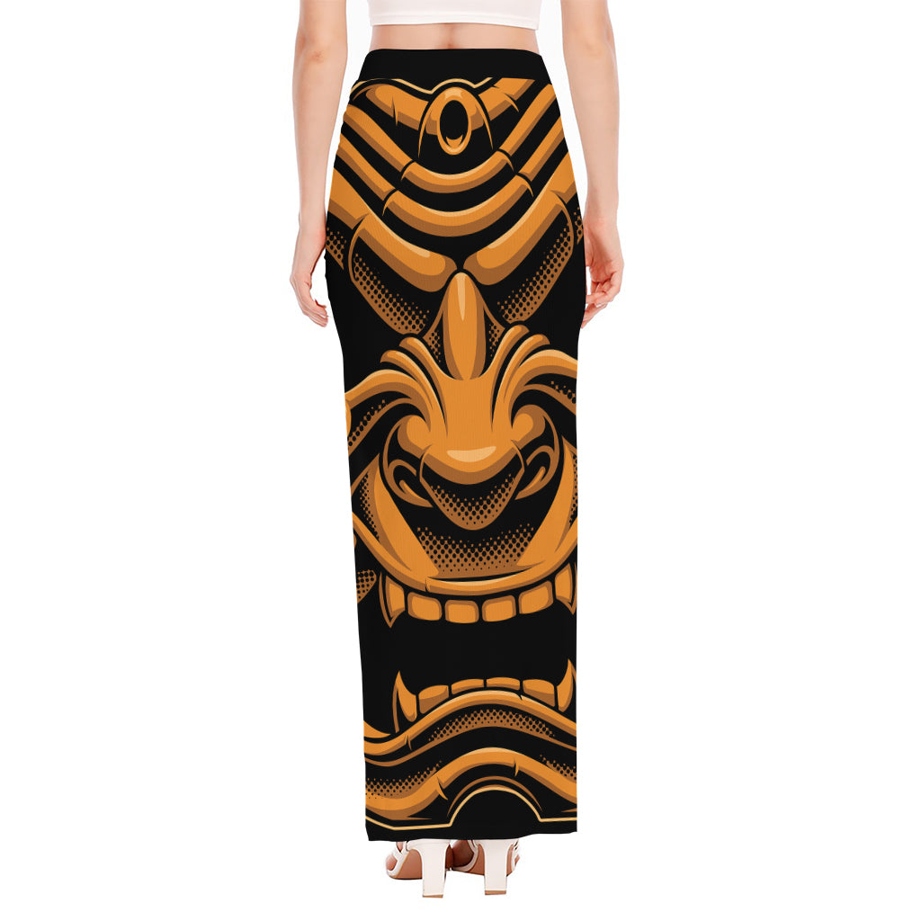 Japanese Warrior Mask Print High Slit Maxi Skirt