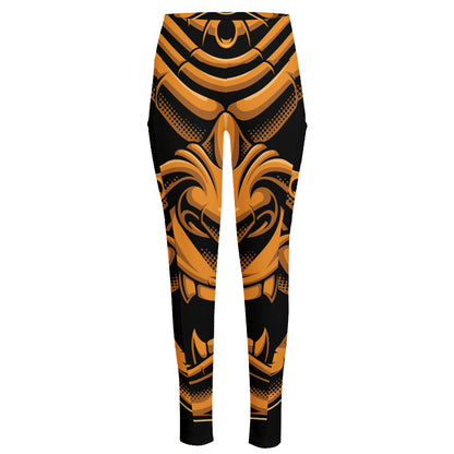 Japanese Warrior Mask Print High-Waisted Pocket Leggings
