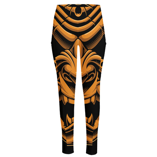 Japanese Warrior Mask Print High-Waisted Pocket Leggings