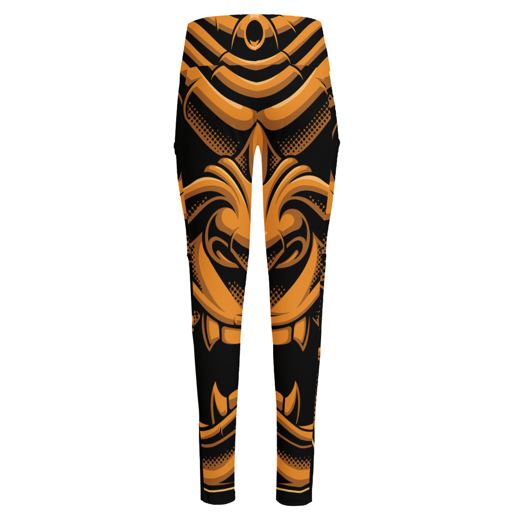 Japanese Warrior Mask Print High-Waisted Pocket Leggings