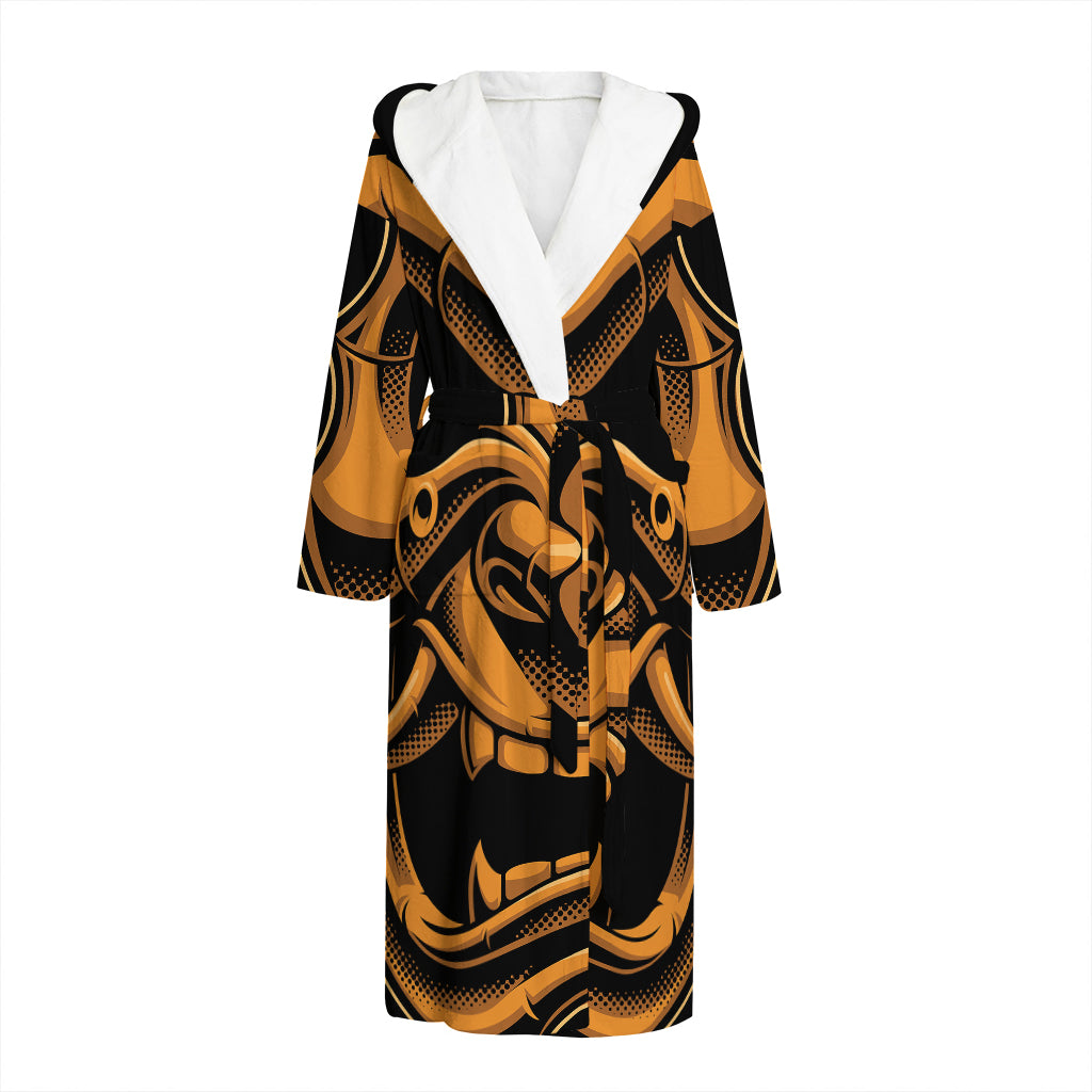 Japanese Warrior Mask Print Hooded Bathrobe