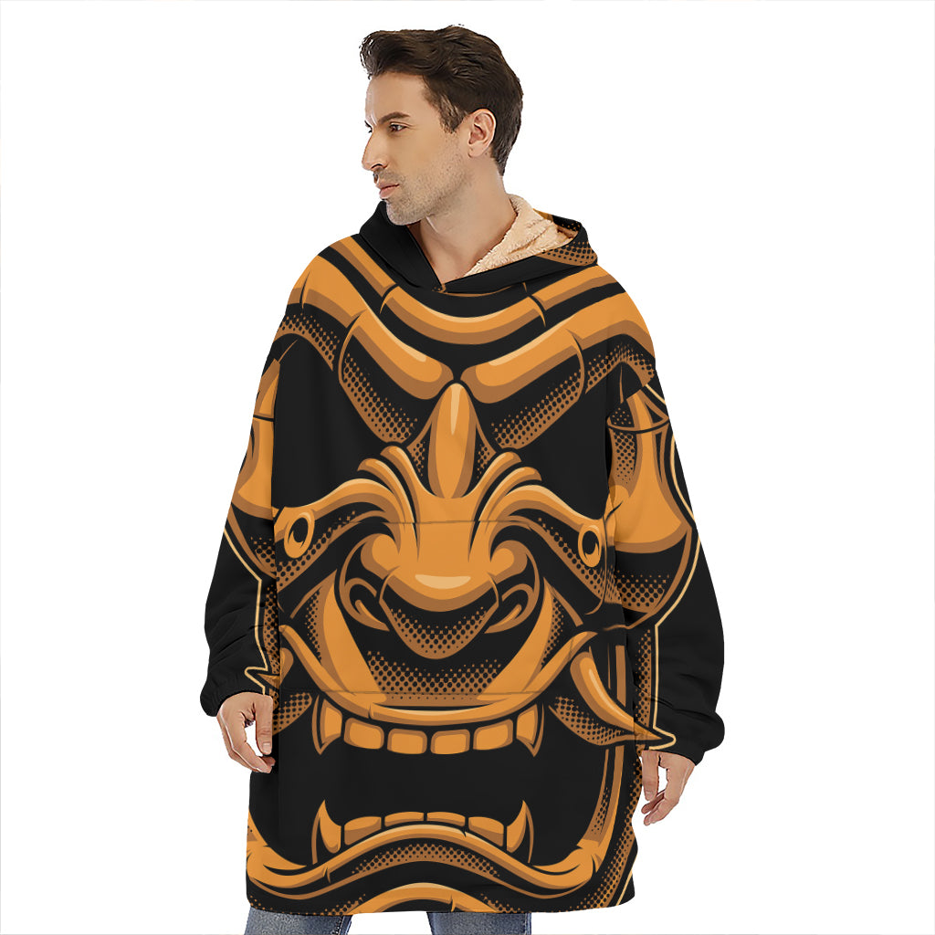 Japanese Warrior Mask Print Hoodie Blanket