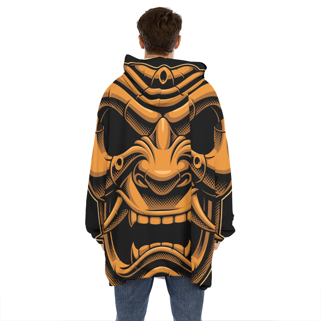 Japanese Warrior Mask Print Hoodie Blanket