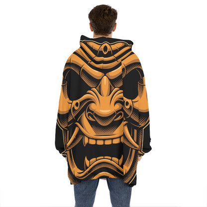 Japanese Warrior Mask Print Hoodie Blanket