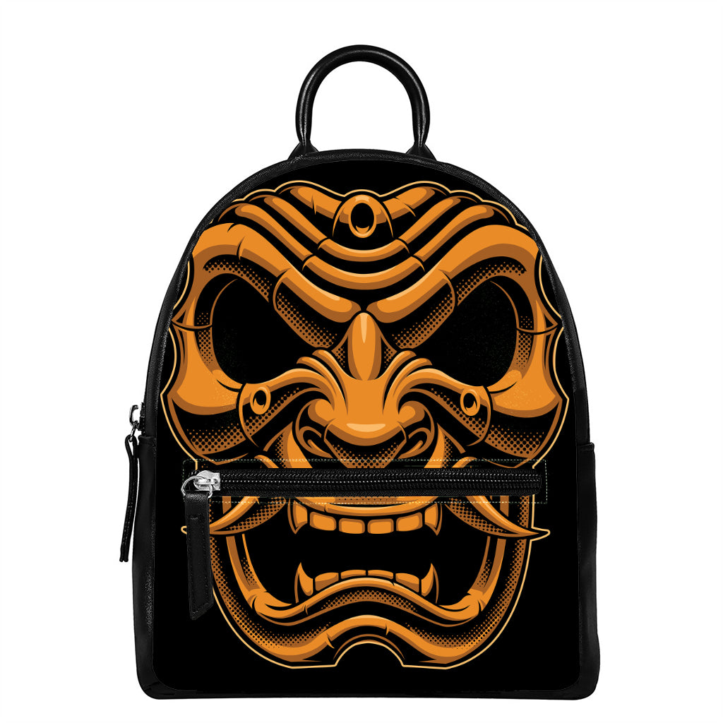 Japanese Warrior Mask Print Leather Backpack