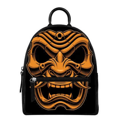 Japanese Warrior Mask Print Leather Backpack