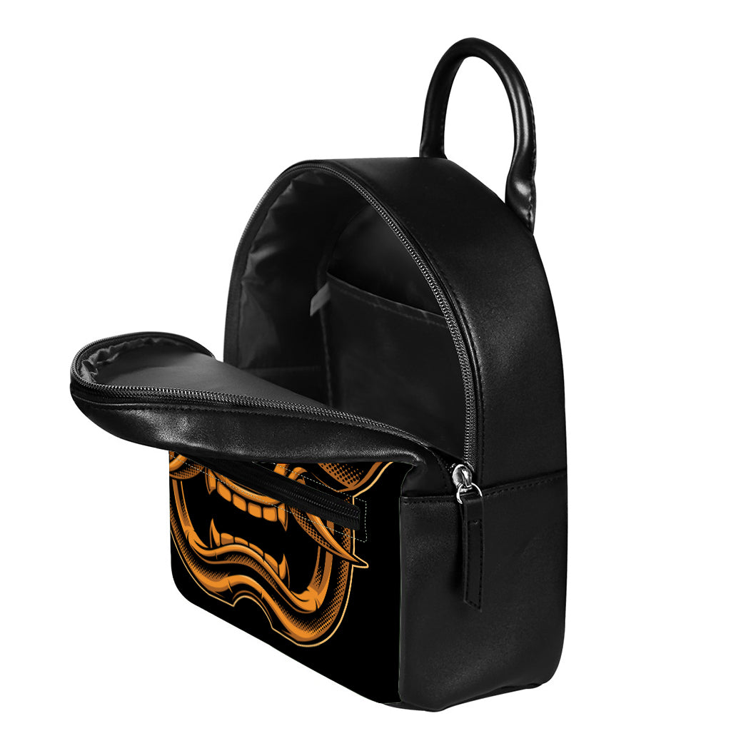 Japanese Warrior Mask Print Leather Backpack