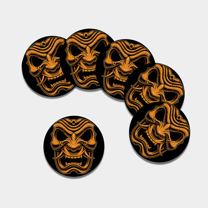 Japanese Warrior Mask Print Leather Coaster Set