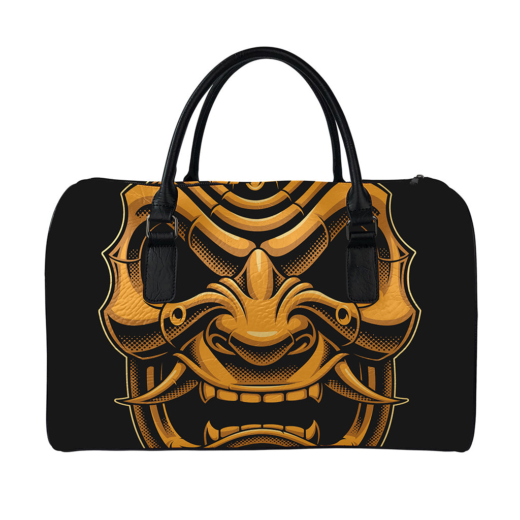 Japanese Warrior Mask Print Leather Duffle Bag