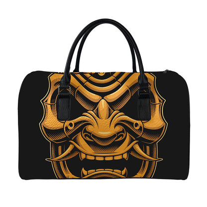 Japanese Warrior Mask Print Leather Duffle Bag