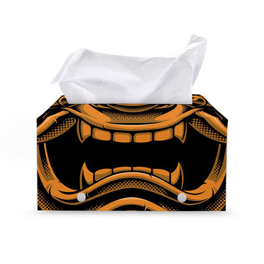 Japanese Warrior Mask Print Leather Tissue Box Cover