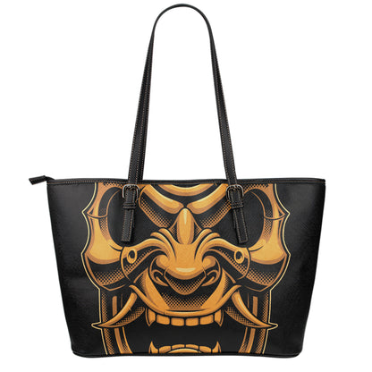 Japanese Warrior Mask Print Leather Tote Bag