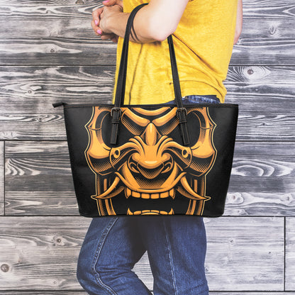 Japanese Warrior Mask Print Leather Tote Bag