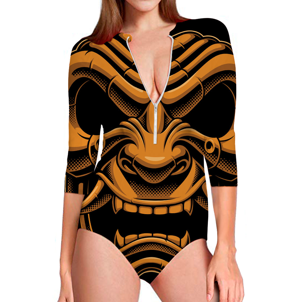 Japanese Warrior Mask Print Long Sleeve Swimsuit