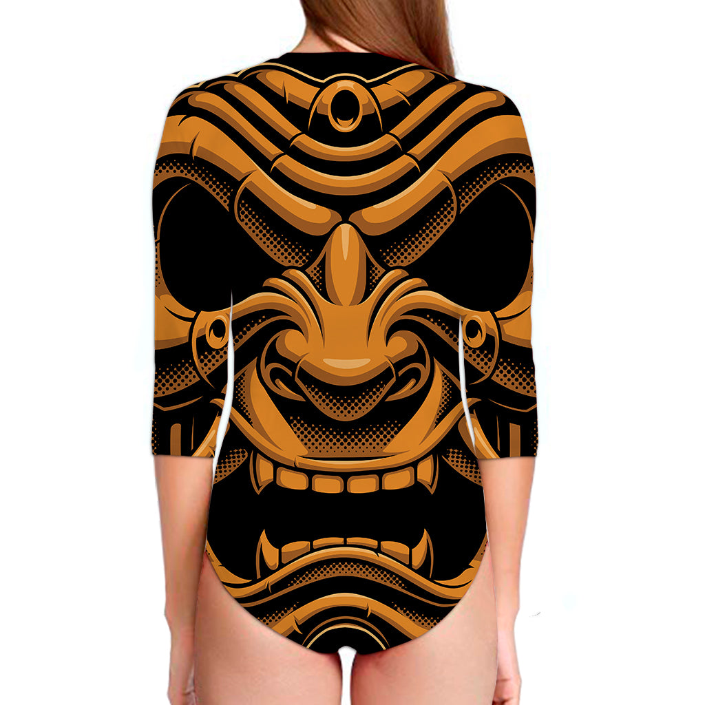Japanese Warrior Mask Print Long Sleeve Swimsuit