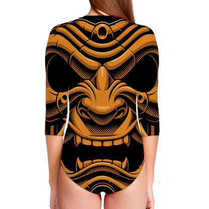 Japanese Warrior Mask Print Long Sleeve Swimsuit