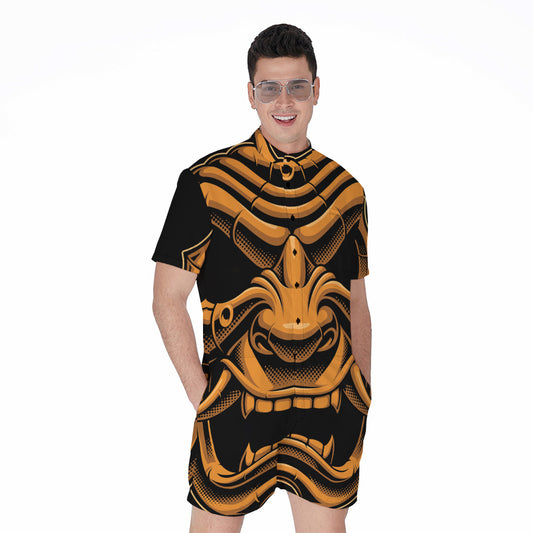 Japanese Warrior Mask Print Men's Rompers