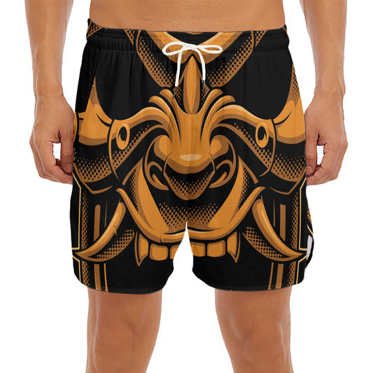 Japanese Warrior Mask Print Men's Split Running Shorts