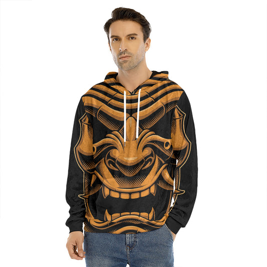 Japanese Warrior Mask Print Men's Velvet Pullover Hoodie